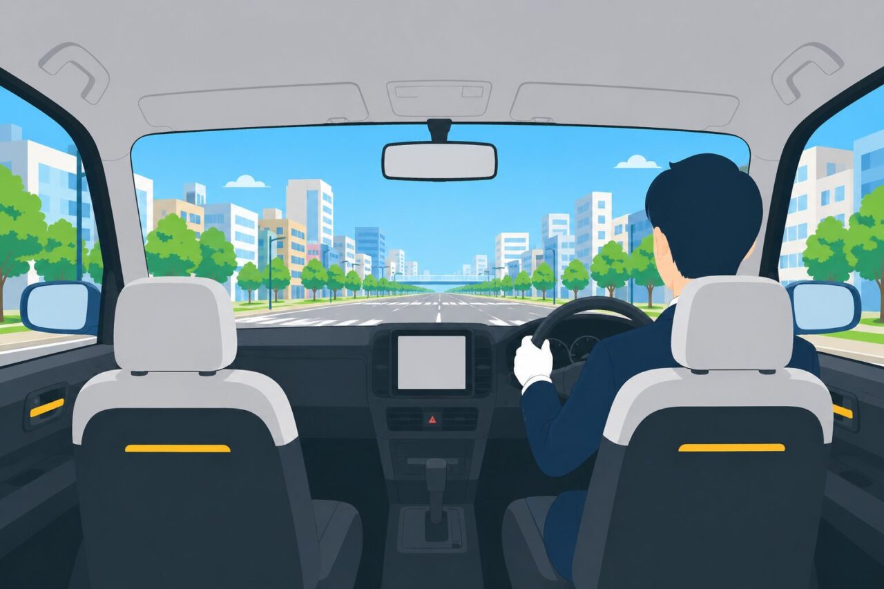 昼のタクシー車内で運転するドライバーの後ろ姿