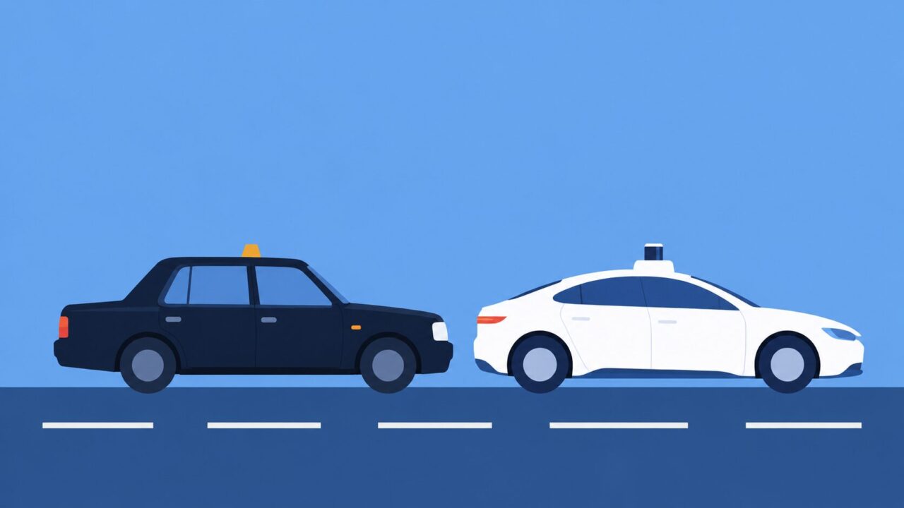 黒いタクシーと自動運転車が並走するイラスト
