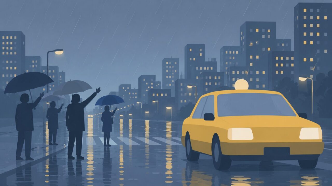 雨の日にタクシーを待つ人たち。傘をさして手を上げている