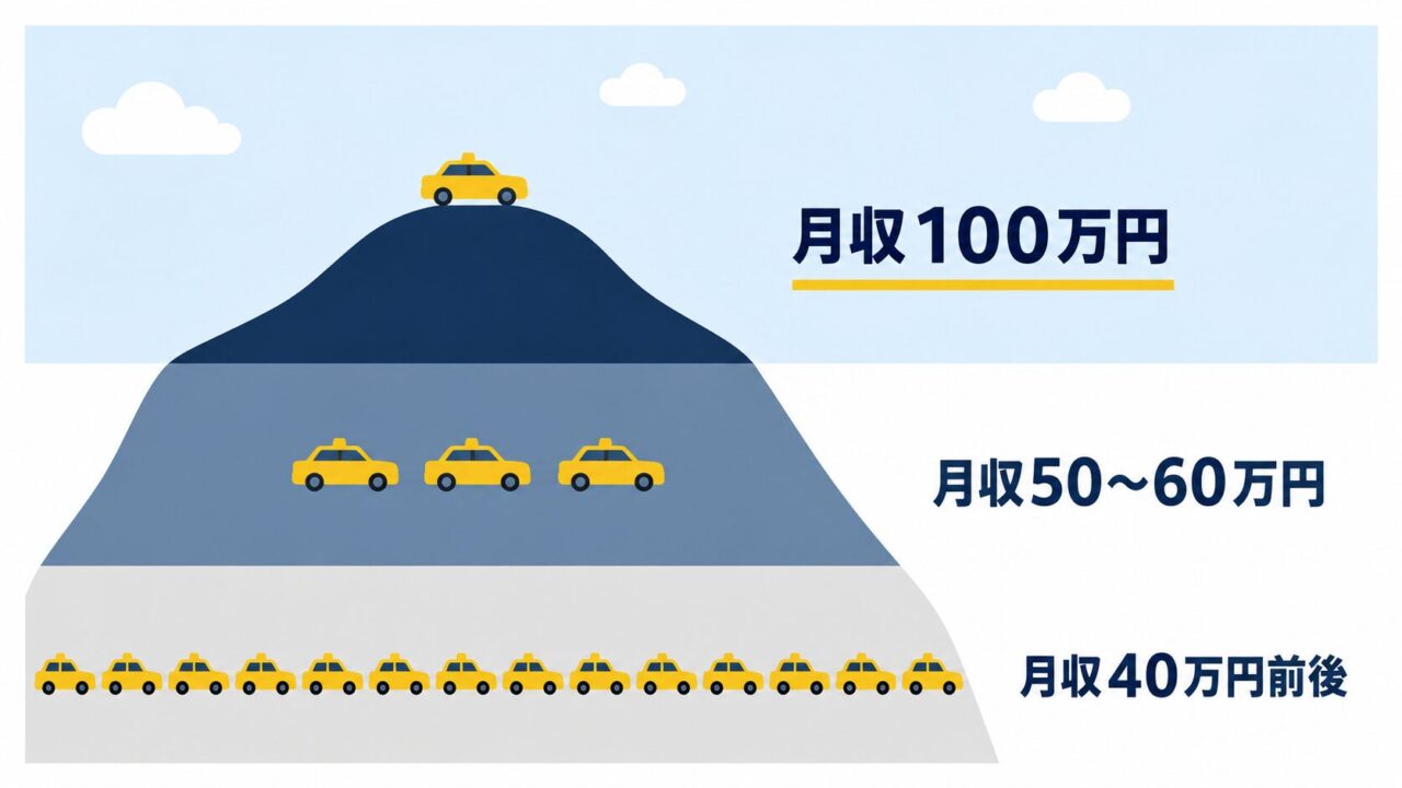 タクシー運転手の月収分布。月収100万円は頂点のごく一部で、40万円前後が最も多い