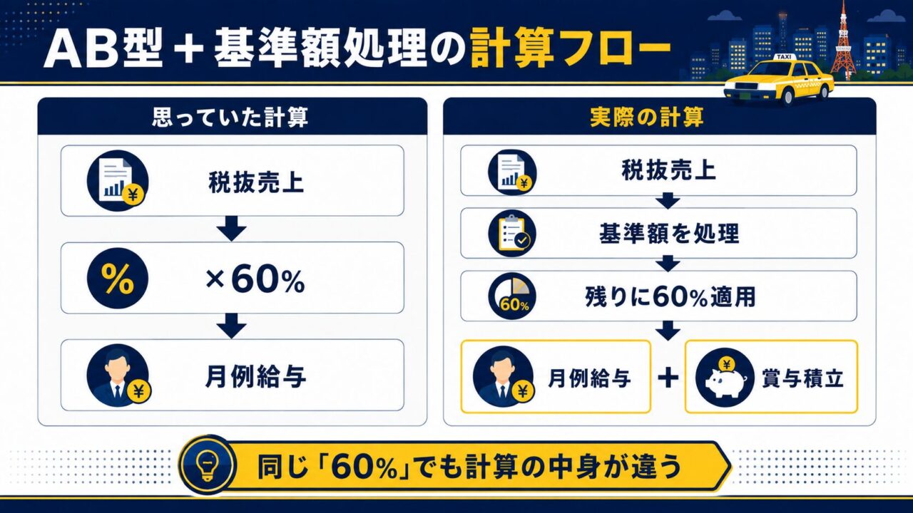 基準額を処理した後に歩合率を適用する給与計算方式の図解