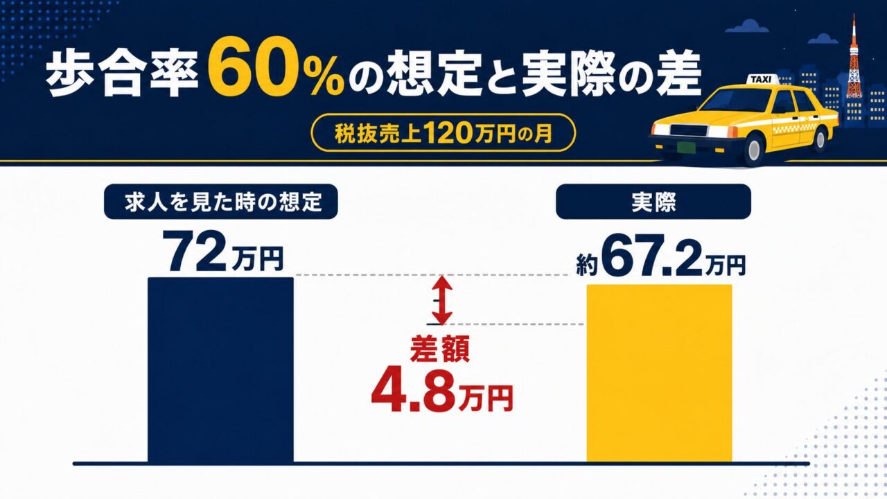 歩合率60%の想定と月例給与ベース約56%の実際の給与差を示す棒グラフ
