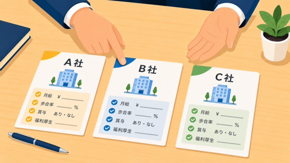 転職エージェントの担当者がタクシー会社の候補を提案しているイラスト