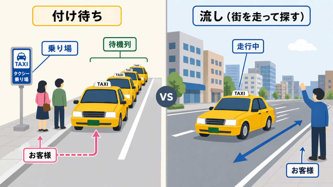 付け待ちと流しの違いを示す図解。付け待ちは乗り場の待機列に並んでお客様を待ち、流しは街を走って手を挙げるお客様を探す