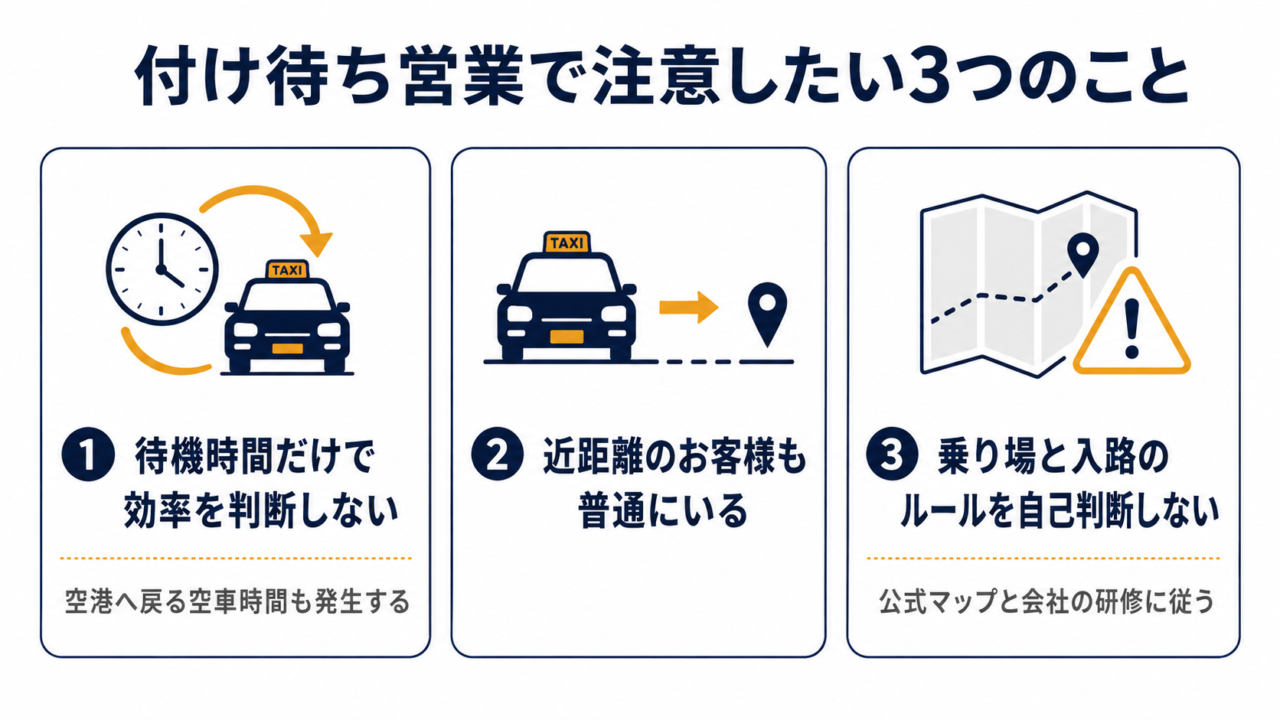 付け待ち営業の3つの注意点(待機時間だけで判断しない、近距離客もいる、ルールを自己判断しない)を示す図解