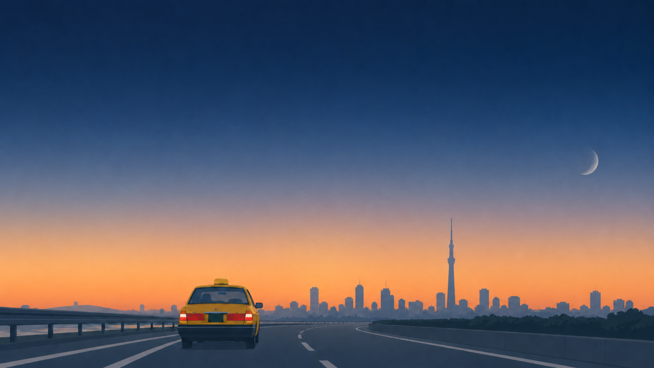 夜明けの道を帰庫するタクシーのイラスト