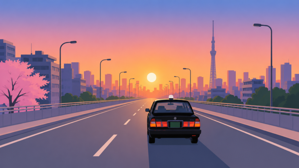 朝日に向かって走る黒いタクシーのイラスト
