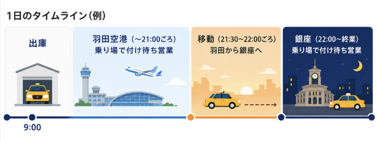 出庫から羽田、銀座までの流れを示す付け待ち営業の1日のタイムライン図