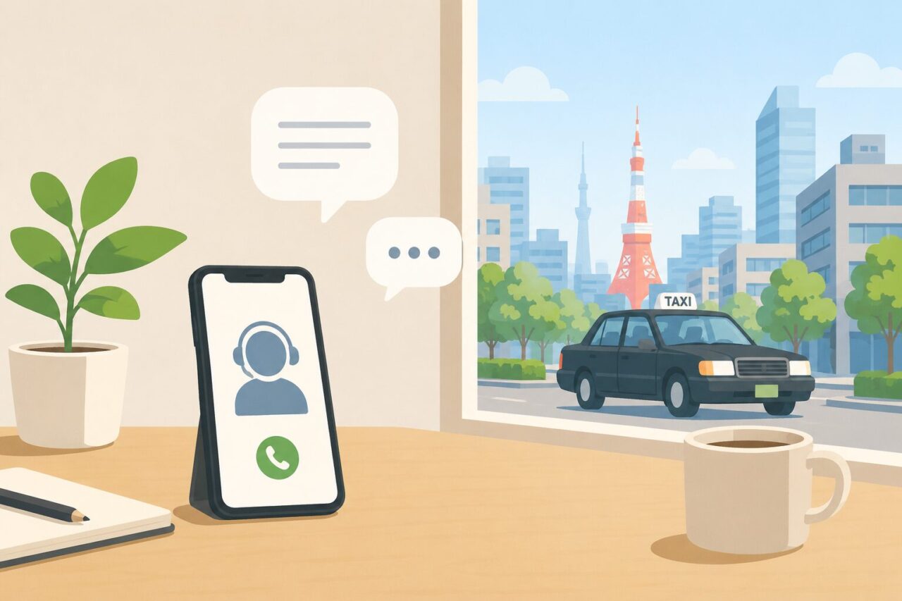 スマートフォンで転職相談を受けるデスクとタクシーが見える窓辺のイラスト