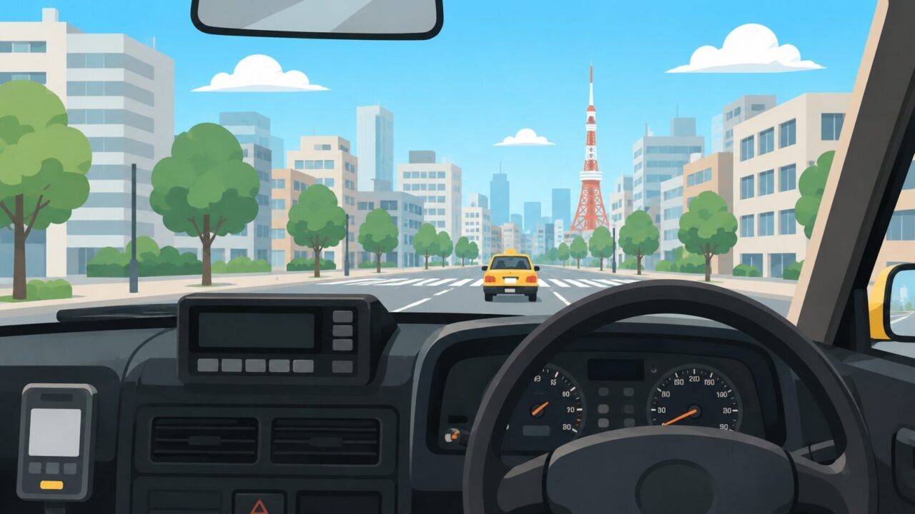 タクシー運転席から見た東京タワーと都心の道路のイラスト