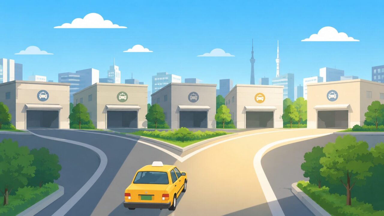 分かれ道の先に複数のタクシー会社の営業所が並ぶイラスト|転職先の会社選びのイメージ