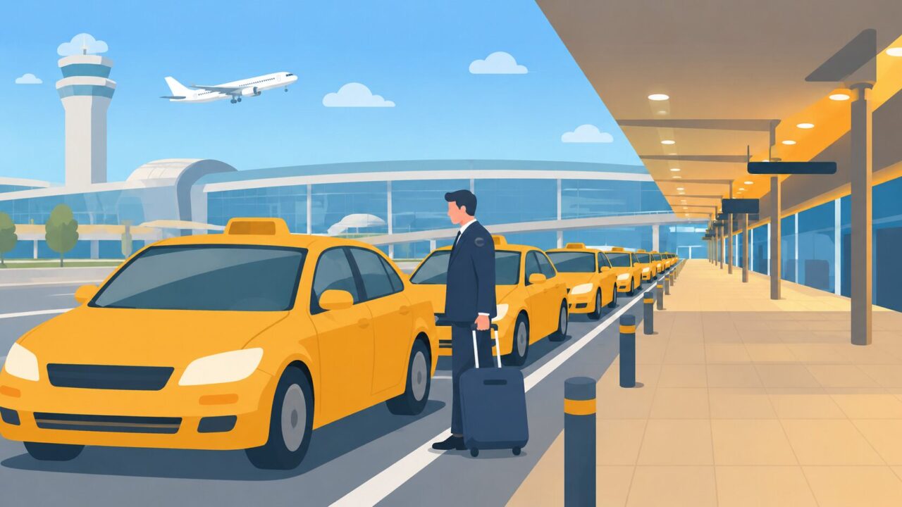 空港のタクシー乗り場に並ぶタクシーと利用客のイラスト|空港定額運賃のイメージ