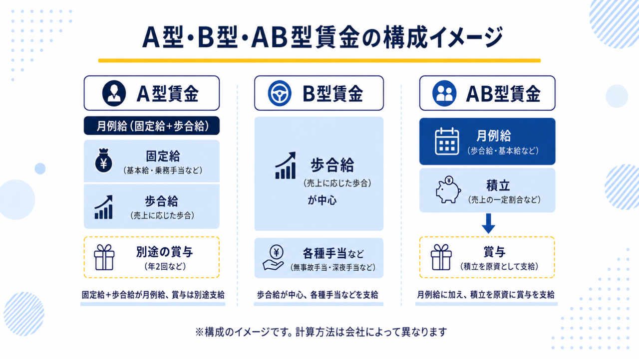 タクシーのA型・B型・AB型賃金の構成イメージ図