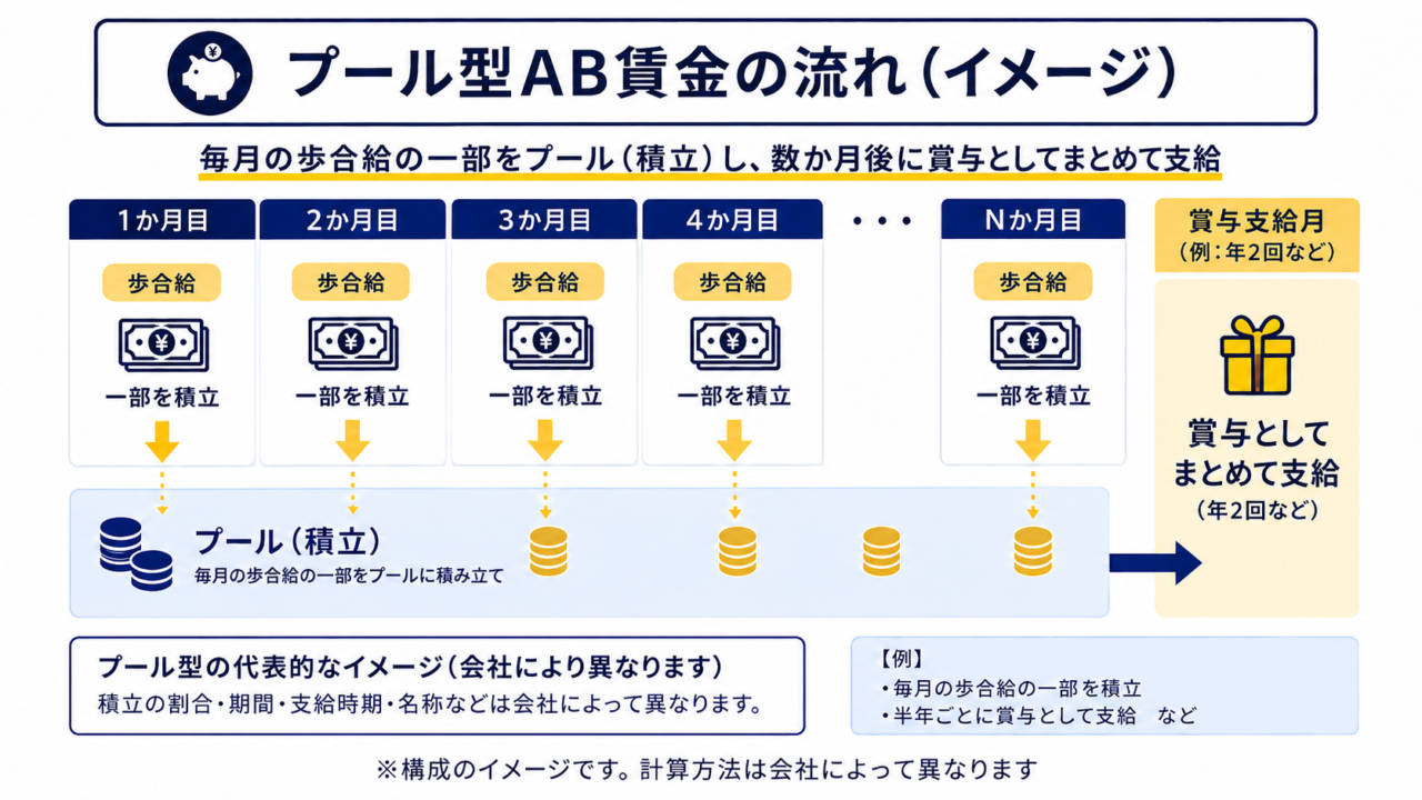 プール型AB賃金で歩合給の一部が賞与として積み立てられる流れの図