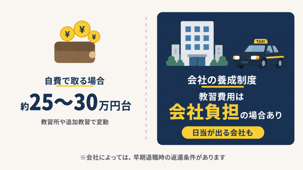 タクシー二種免許を自費取得した場合と会社負担の費用比較