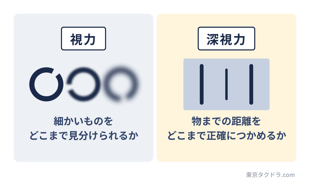 視力と深視力の違い。視力は細かいものをどこまで見分けられるか、深視力は物までの距離をどこまで正確につかめるかを測る
