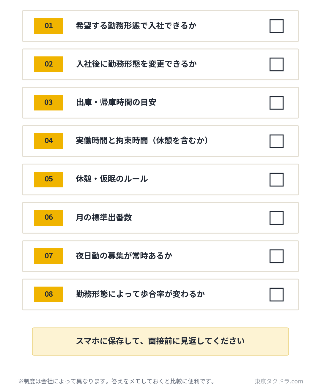 タクシー会社の面接で確認したい勤務形態チェックリスト8項目