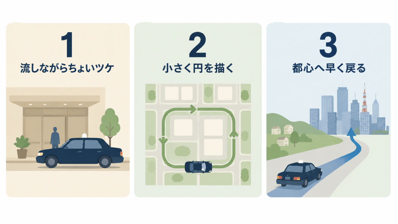 東京の流し営業で稼ぐ3原則(ちょいツケ・小さく円を描く・都心へ早く戻る)の図解